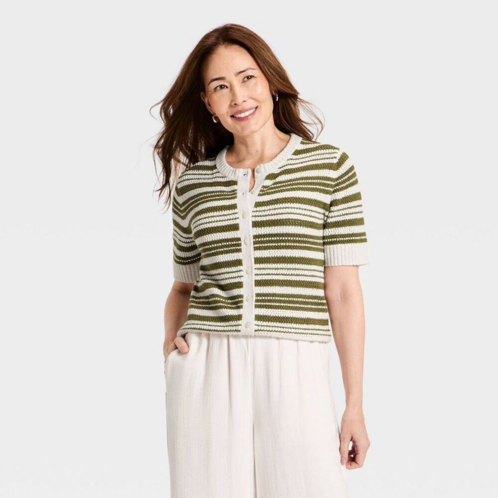 Women's Short Sleeve Button-Front Cardigan Sweater - A New Day Cream L